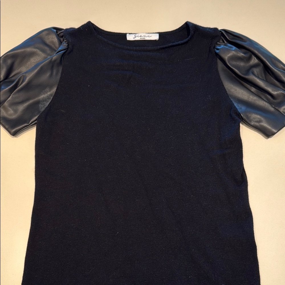 Milano Black Top with Faux Leather Sleeves